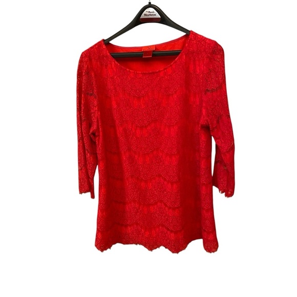 V Cristina Red Lace 3/4 Sleeve Blouse Size L Scoop Neck Lined Oversized Party - Picture 4 of 9